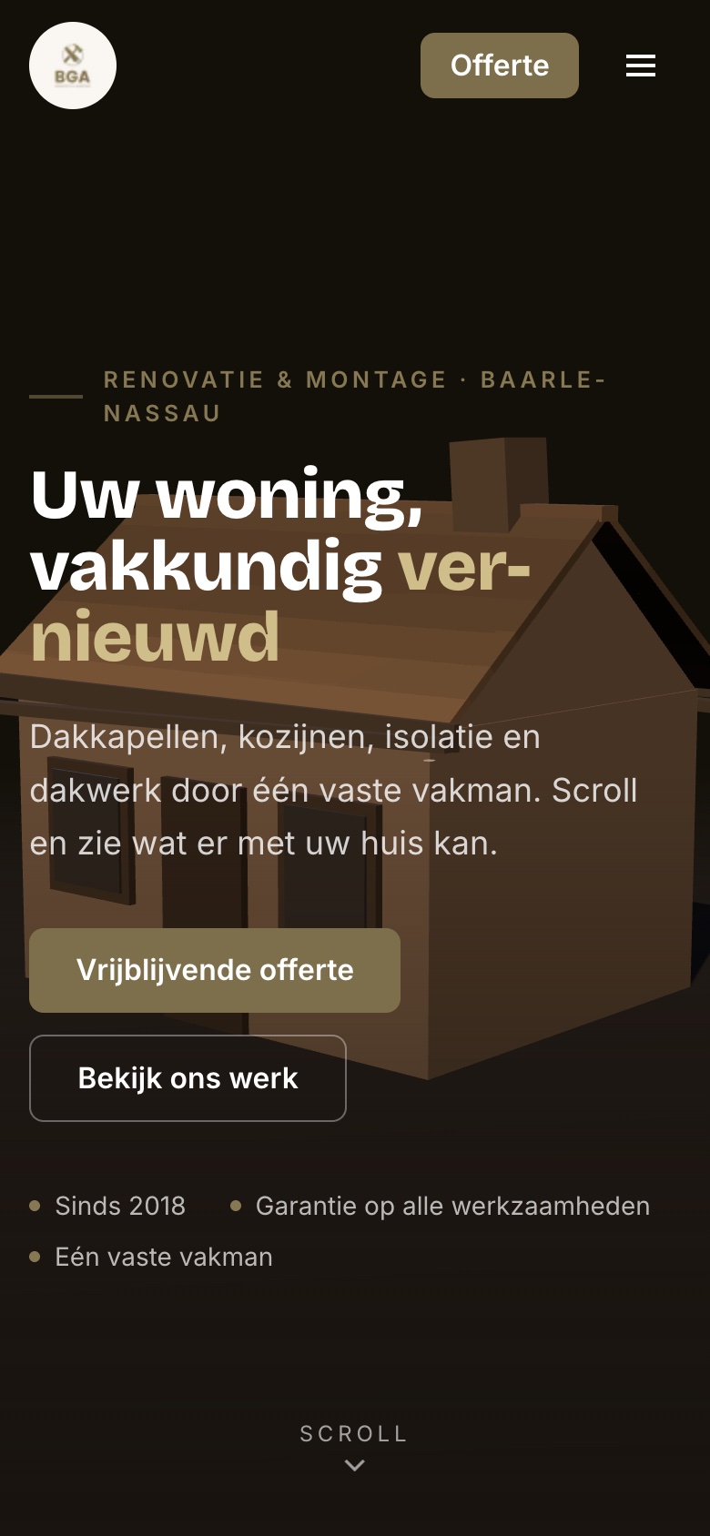 De mobiele weergave van de website die wij maakten voor BGA Renovatie & Montage