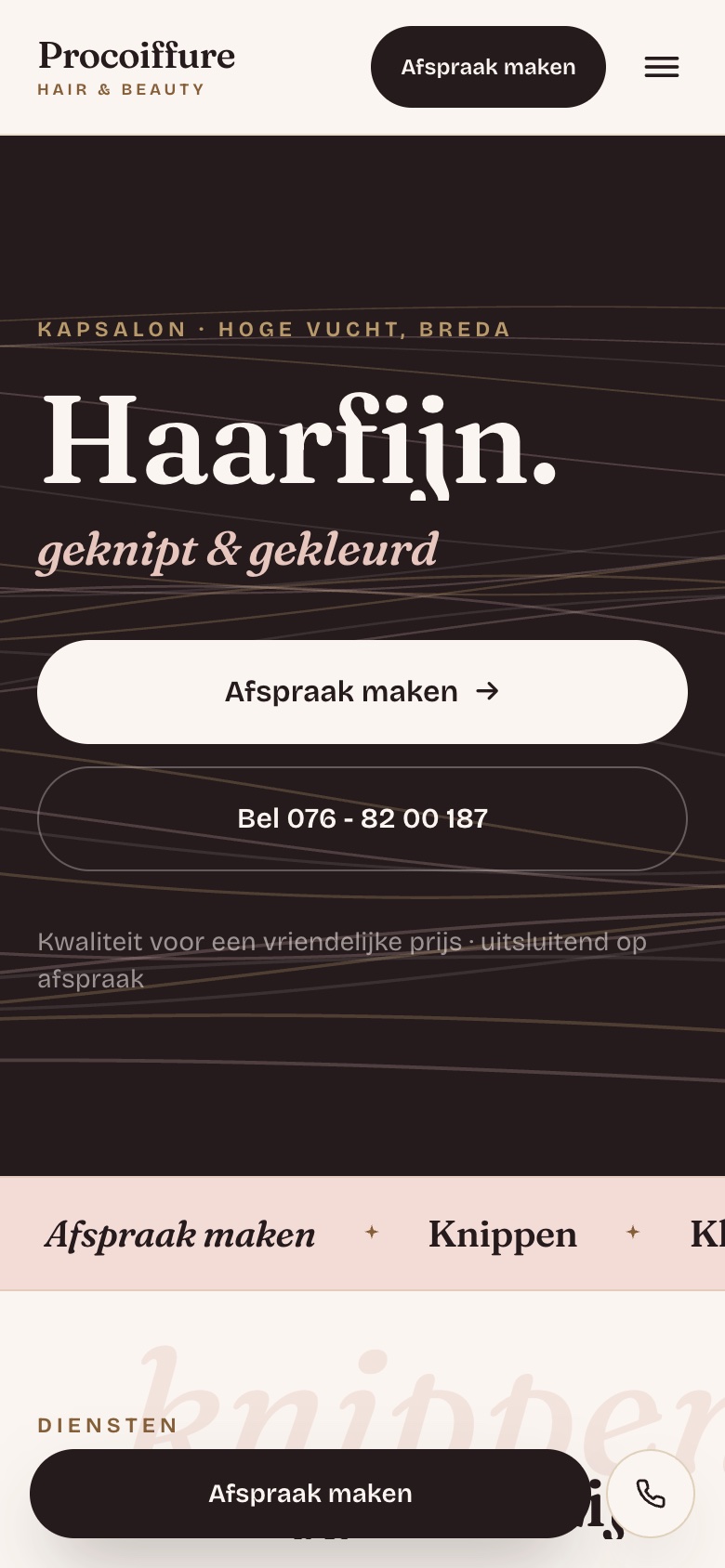 De mobiele weergave van de website die wij maakten voor ProCoiffure
